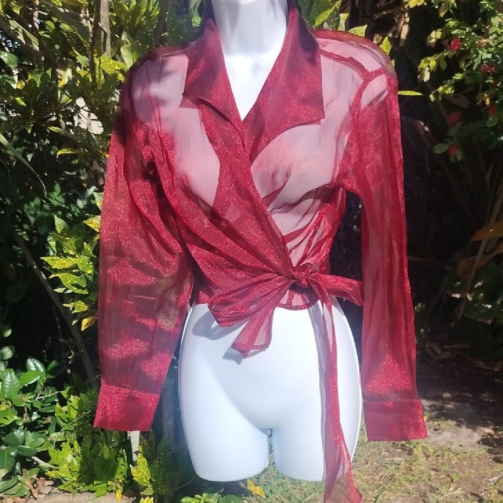90s Vintage Dramatic Sheer Cranberry Crush Wrap Top With French Cuff Xs/S